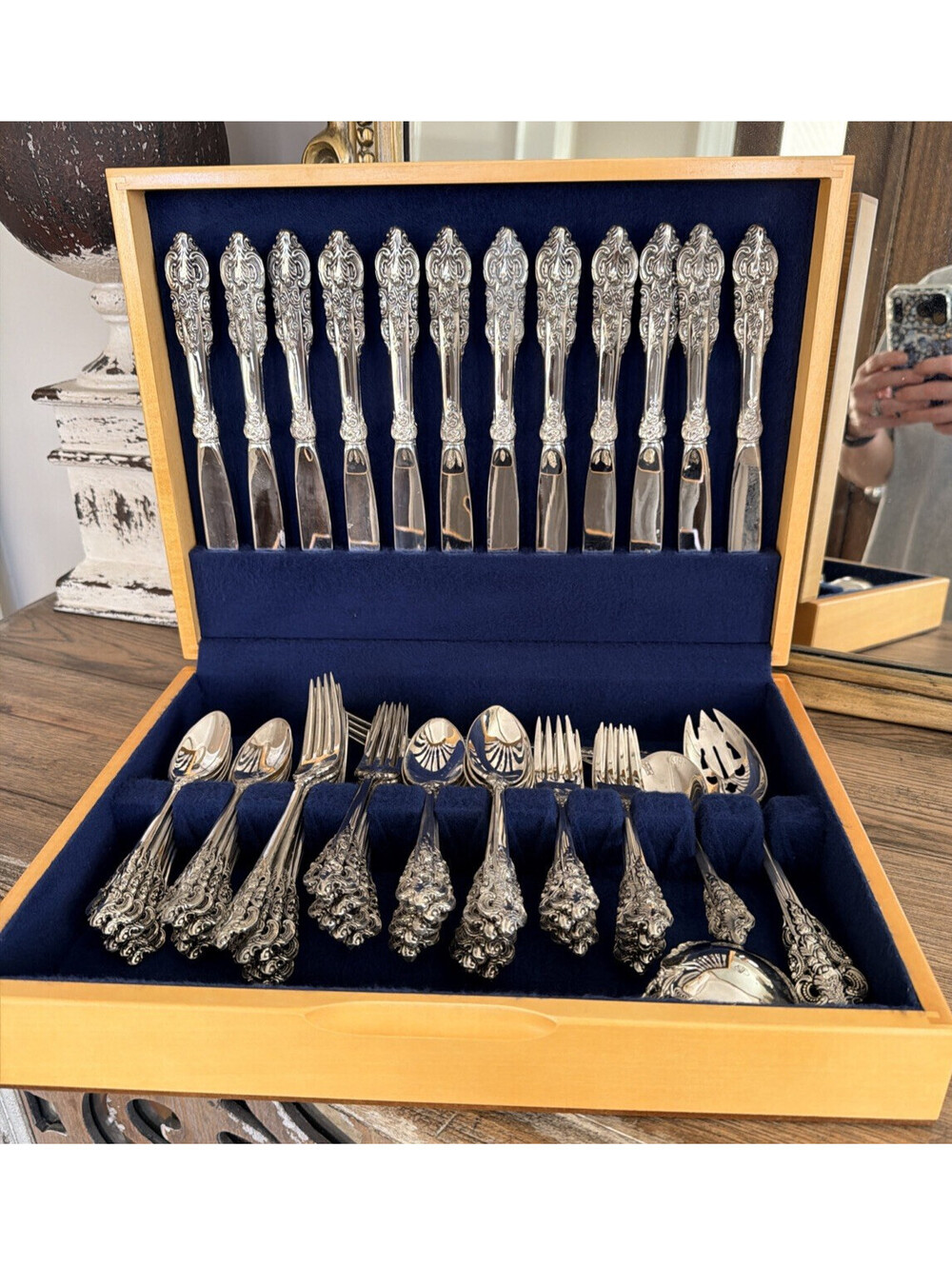 Godinger Baroque Flatware 61 Pc Set Service for 12 + NEW Wallace Storage Chest